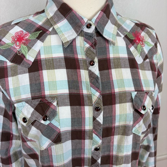 Shyanne Cotton Western Snap Front Brown Plaid Shirt Sz L Floral Embroidery Rodeo - Picture 6 of 17
